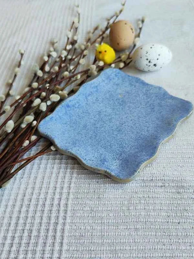 Ceramiczny wiosenny niebieski talerzyk i podstawka na kadzidełko rękodzieło
