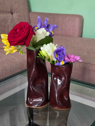 A set of two crinkled vases in a beautiful deep burgundy color