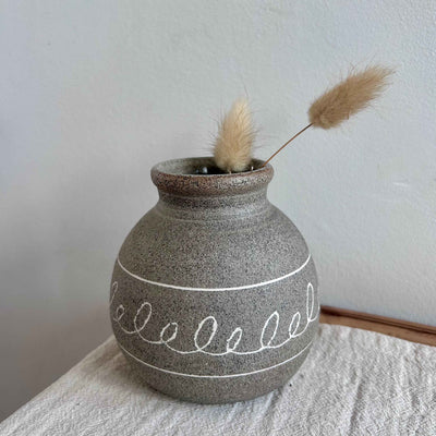 Wabi Sabi Ceramic Vase - Wheel-Thrown, Grey Stoneware | Mishima Decoration - Linear Pattern | H 9 cm