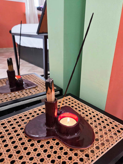 Burgundy heart-shaped holder for candles, palo santo, sage, and incense sticks