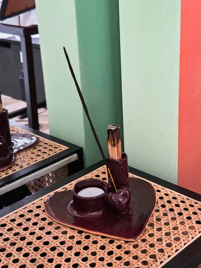 Burgundy heart-shaped holder for candles, palo santo, sage, and incense sticks